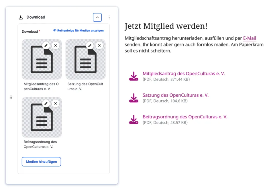 Montage: Erfassungsmaske mit ausgewählten Dokumenten, daneben Seiten-Ausschnitt mit Titel Jetzt Mitglied werden und drei Download-Links für Satzung und Co.