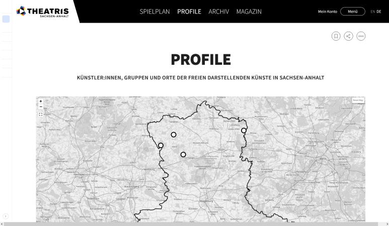 Profiles overview page with a black-and-white-colored map, showing some circle markers