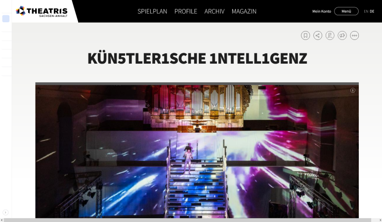 Headline Künstlerische Intelligenz (German for Artistic Intelligence), some letters replaced by cyphers, above the headline several icon menus, below the headline a large image