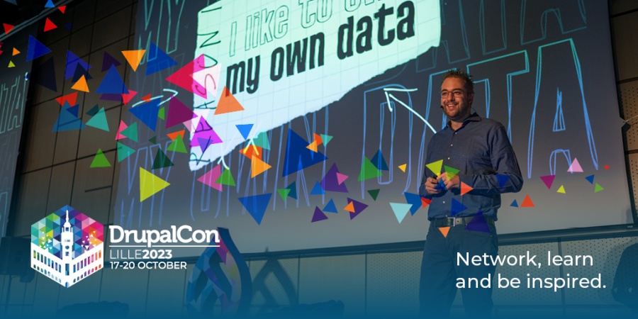 Speaker in front of a large screen, partially readable in bold letters: I like to ... my own data. Artwork in the bottom corners: DrupalCon Lille 2023 logo, text: Network, learn and be inspired