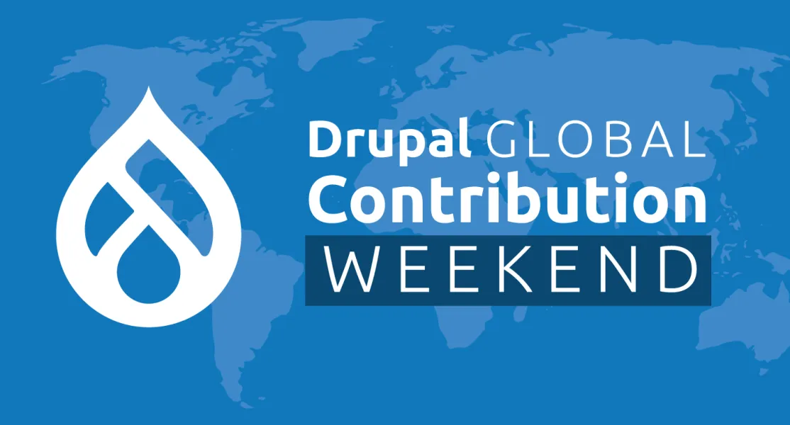 Event name and Drupal logo on a blue world map