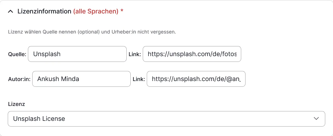 Abschnitt in einer Bearbeitungsmaske: Lizenzinformationen mit Lizenz-Auswahlfeld und Eingabefeldern zu Quelle (Text und URL), Autor:in (Text und URL)