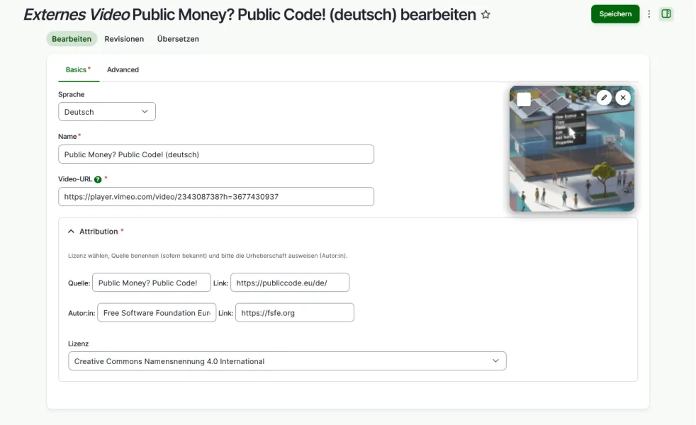 Video-Bearbeitungsmaske mit Feldern für Name, URL, Lizenzinformationen