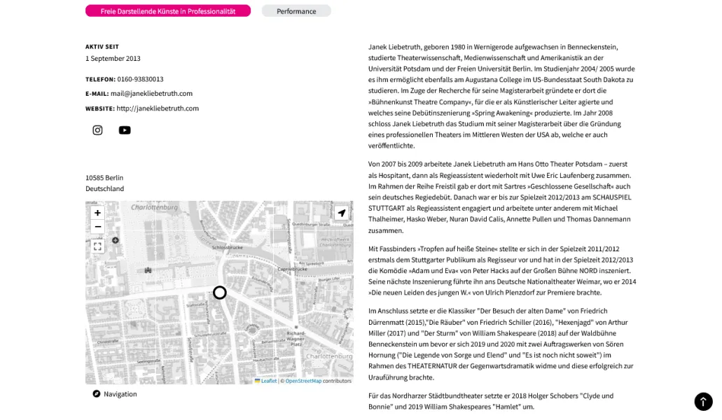 Profiltext, daneben Aktiv seit: September 2013, Kontaktdaten, Adresse ohne Straße und ein Kartenausschnitt