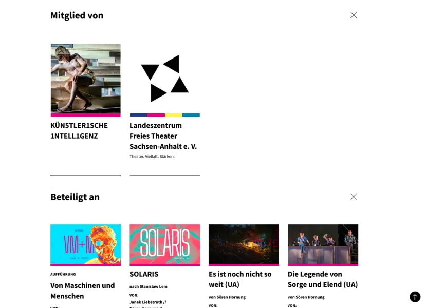 Abschnitt Mitglied von: Künstlerische Intelligenz und LanZe, Abschnitt Beteiligt an mit Teasern von Produktionen