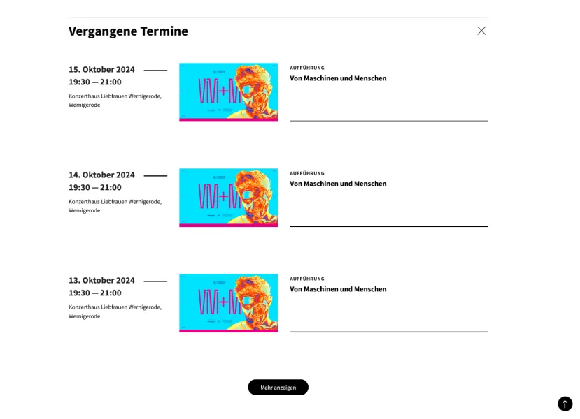 Vergangene Termine: Liste mit drei Terminen der Aufführung Von Maschinen und Menschen
