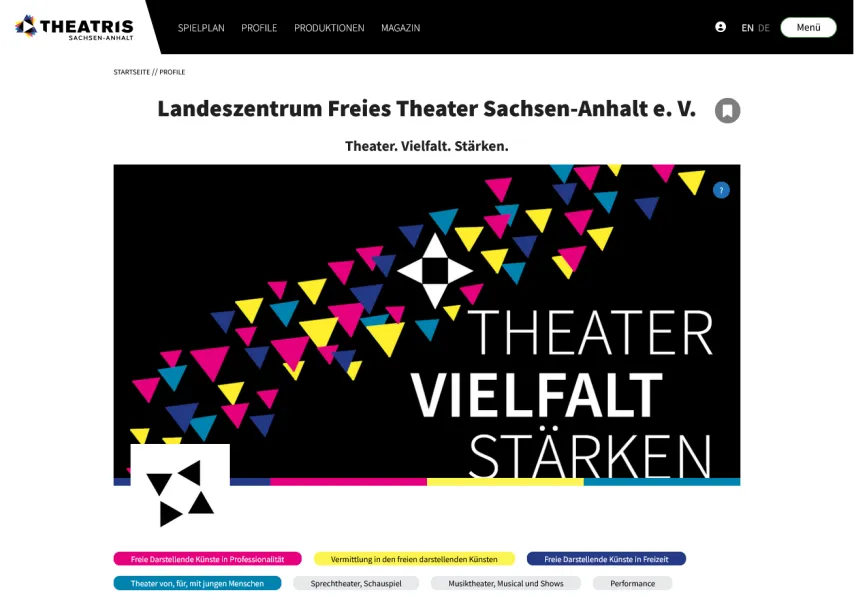 Profilseite vom Landeszentrum Freies Theater in Sachsen-Anhalt e. V. Im Aufmacherbild steht: Theater Vielfalt Stärken