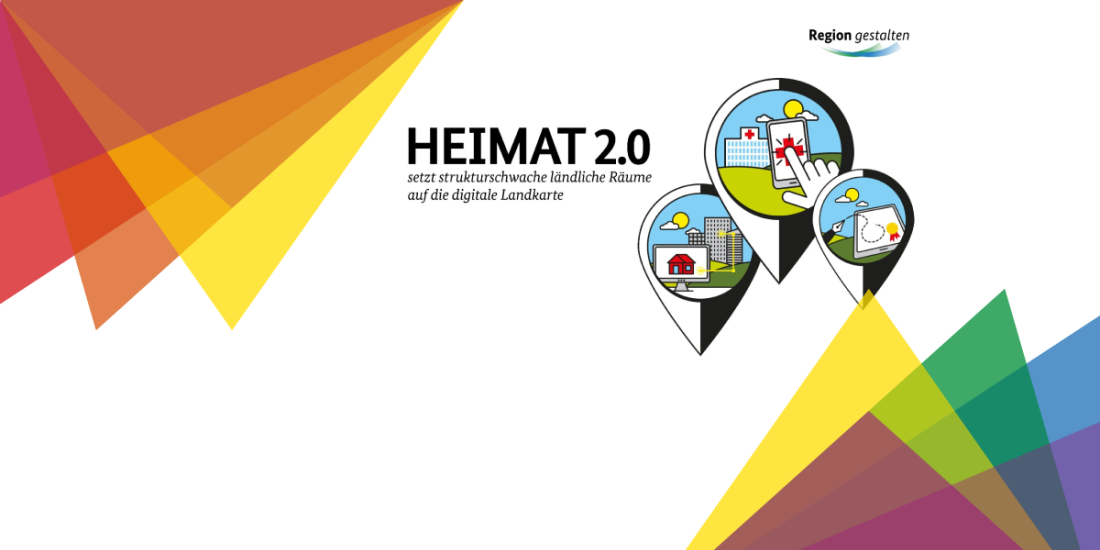 Logo des Programms Heimat 2.0 mit ein paar sich überlagernden Dreiecken aus dem OpenCulturas-Logo geschmückt