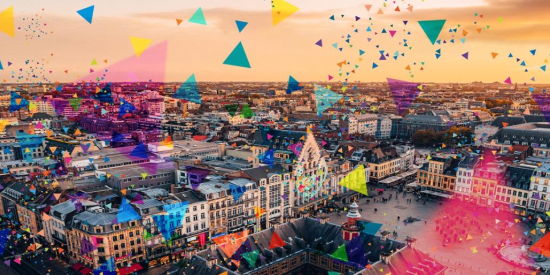 Rooftop perspective on the city center of Lille, photo sprinkled with colorful triangles