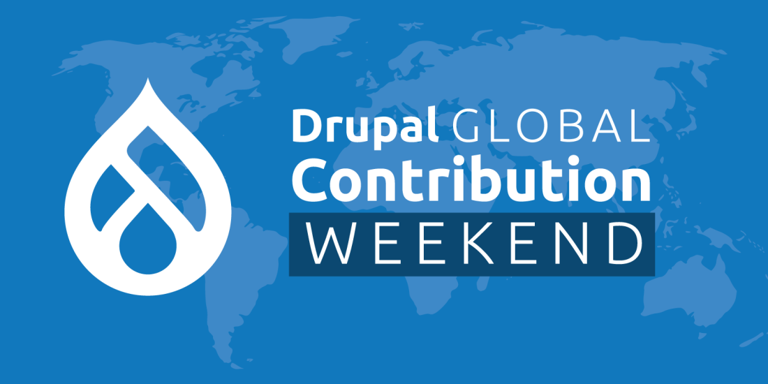 Event name and Drupal logo on a blue world map