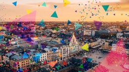 Rooftop perspective on the city center of Lille, photo sprinkled with colorful triangles