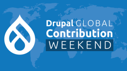 Veranstaltungsname und Drupal-Logo vor einem blauen Hintergrund mit angedeuteter Weltkarte