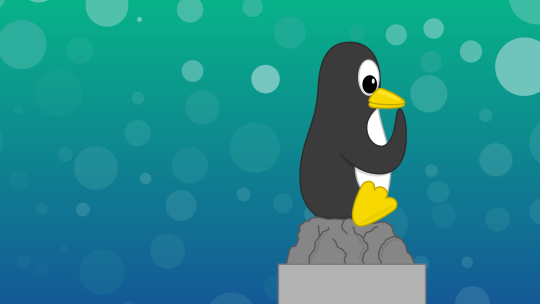 Ein Pinguin (das Linux-Maskottchen) sitzt auf einem Stein vor wasserfarbenem Hintergrund mit angedeuteten Luftblasen